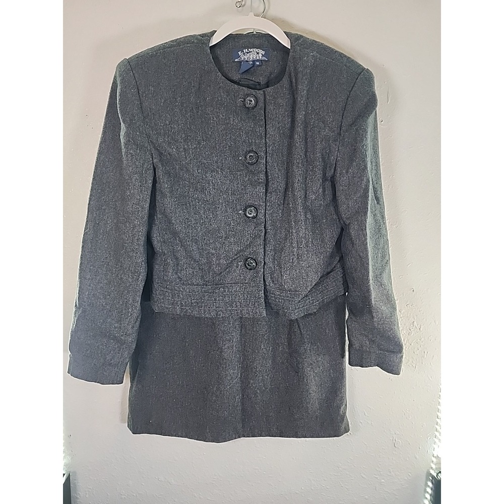 Vtg Womens EH WOODS GRAY SUIT 10 Jacket Skirt Wool Blend 2‎ Piece Crop Jacket